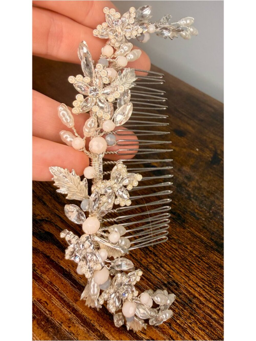 Handmade Crystal, Pearl & Beaded Floral Bridal Comb - Ivory & Coral - Adjustable